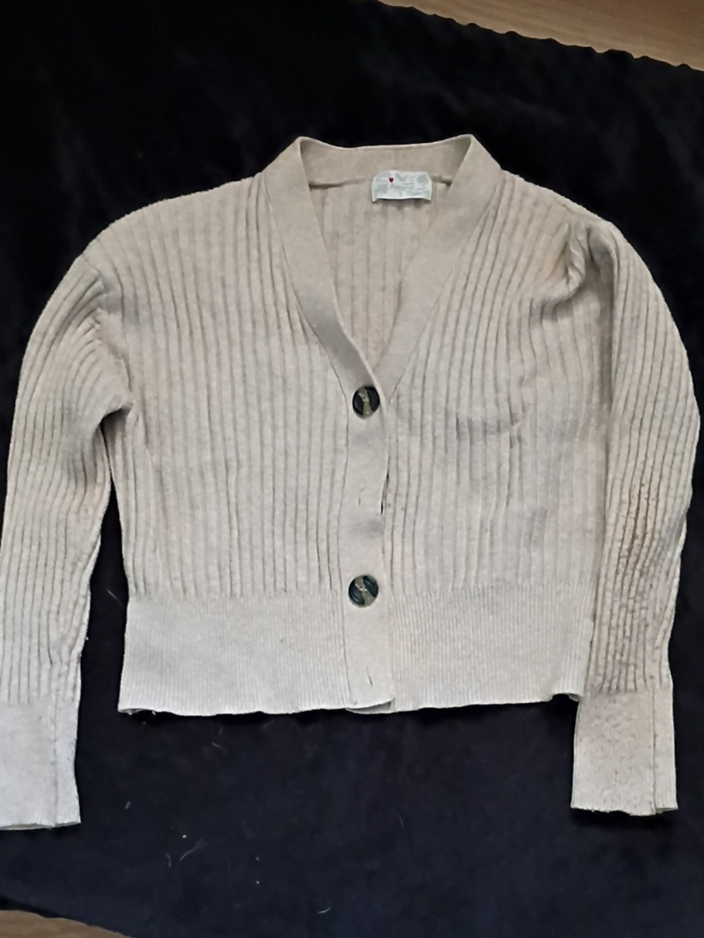 Poof! Ribbed V-Neck Button Cardigan - Beige/Cream